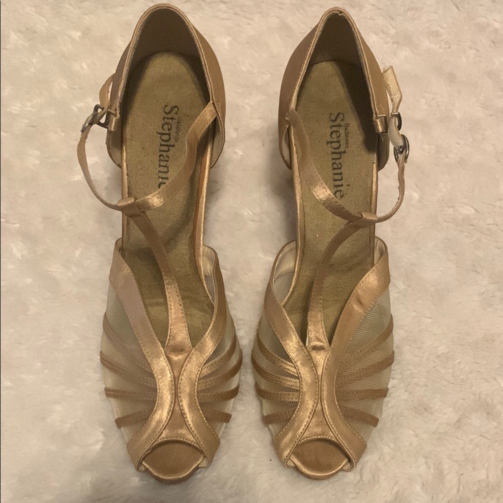 Women's Professional Stephanie Ballroom Dance Gold Peep-Toe Heels- 7M 2.5" heel